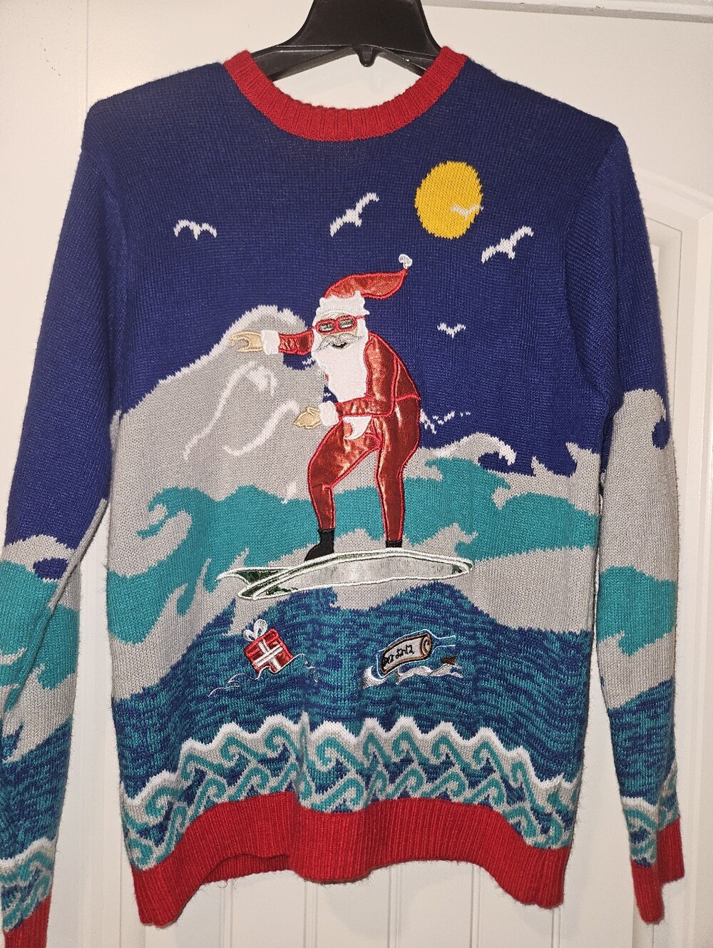 Men's Navy Surfing Santa Crewneck Sweater with Red Trim